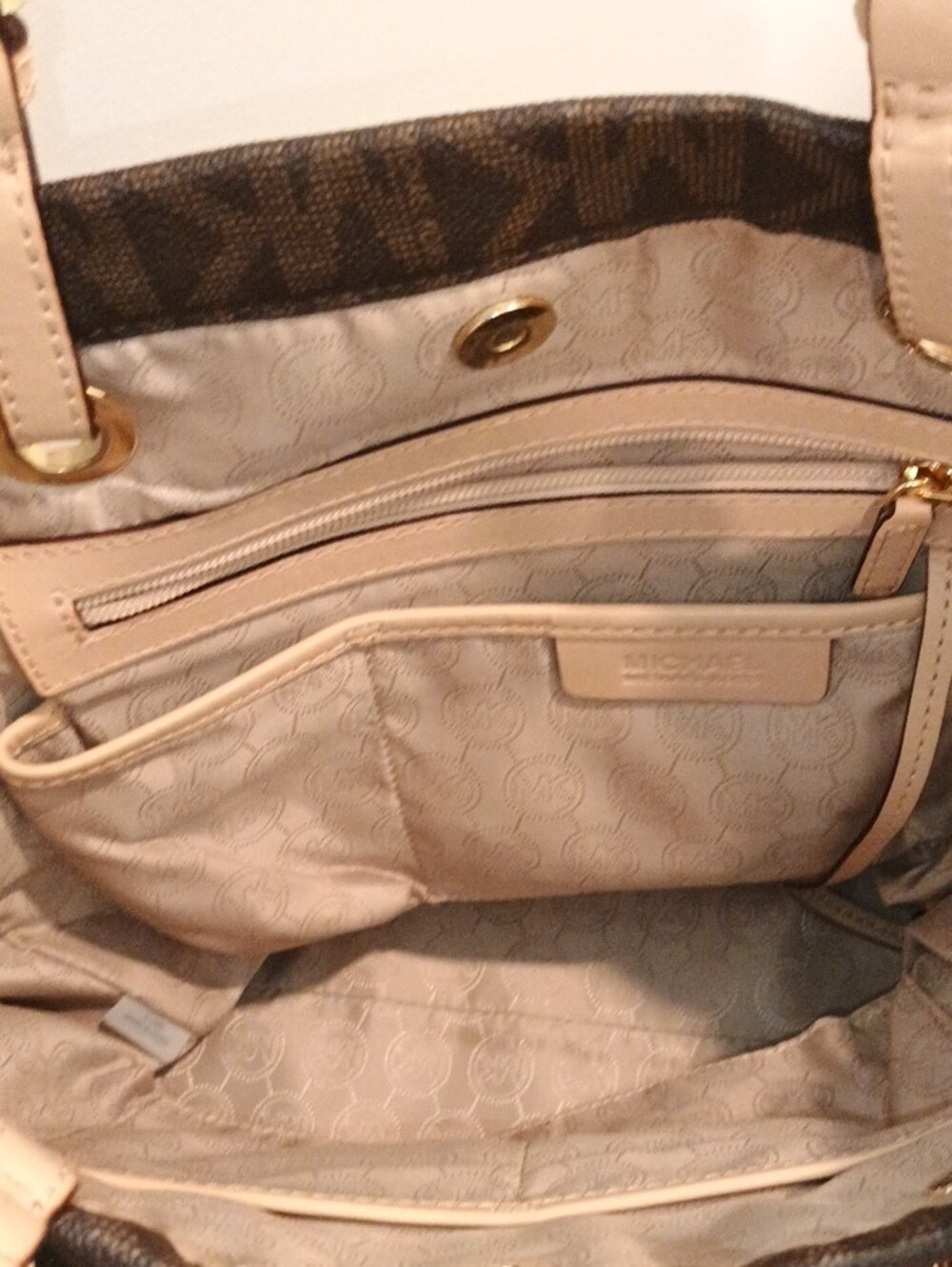 Michael Kors Brown MK Logo Tote with Beige Straps - Picture 3 of 4